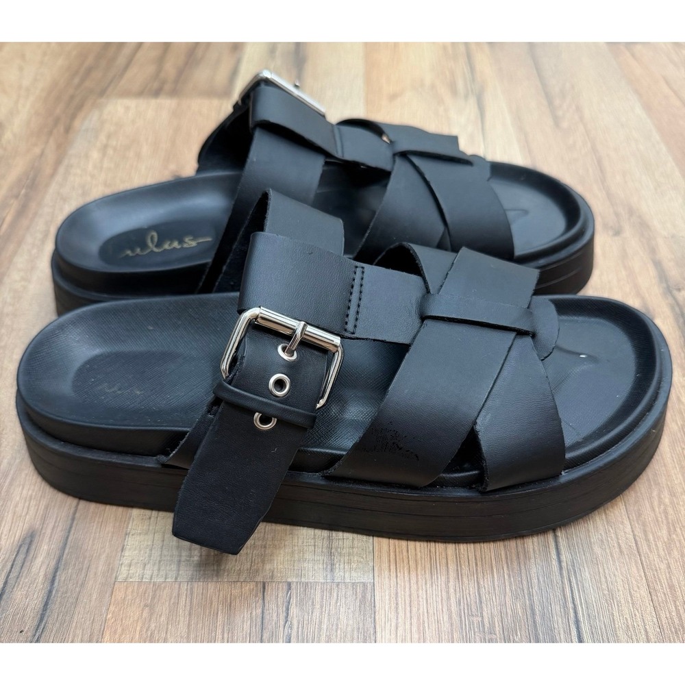 Lulus Black Platform Sandals Womens Size 7 Chunky Buckle Slides Leather Look - Picture 3 of 10